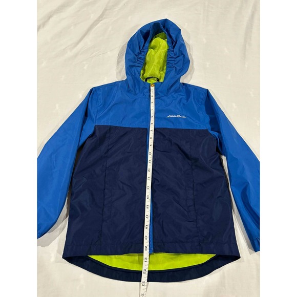 Eddie Bauer Kids Hooded Rain Jacket Blue Navy Green Size S 7 8 Lightweight - Picture 8 of 13